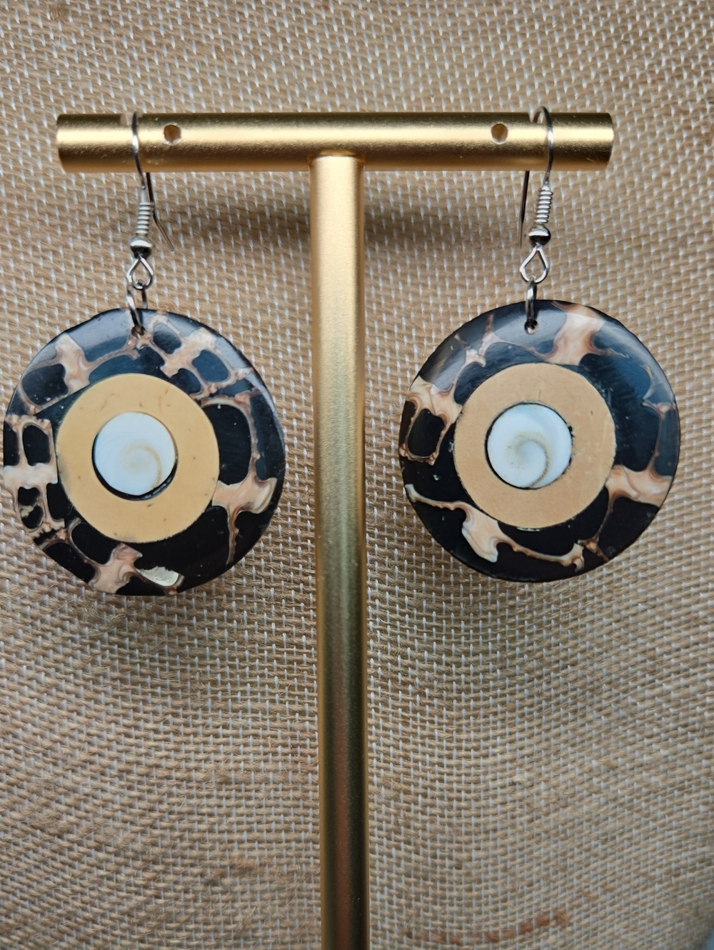 Handcrafted Black Coconut Shell and White Shell Inlay Disc Earrings